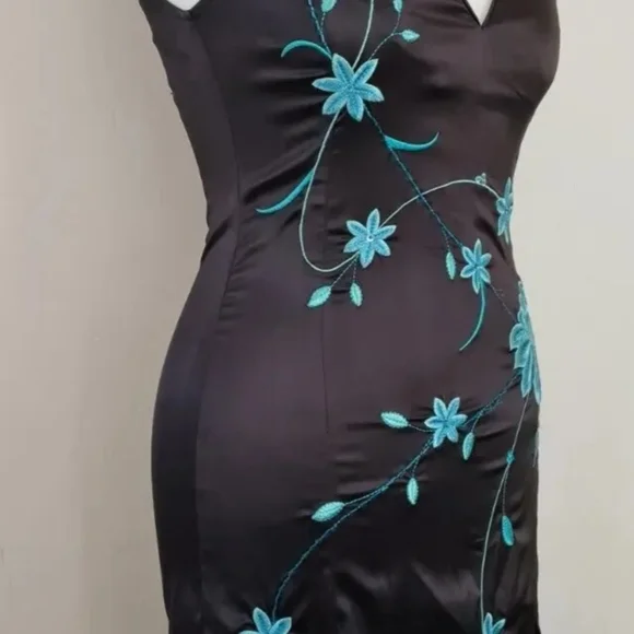 Y2K Jane Norman black satin oriental dress size 10 pencil wiggle vintage floral - Picture 4 of 12